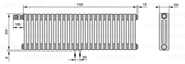 Схема (чертеж) Радиатор Zehnder Charleston 3050/25 №V007 Белый глянцевый RAL 9016
